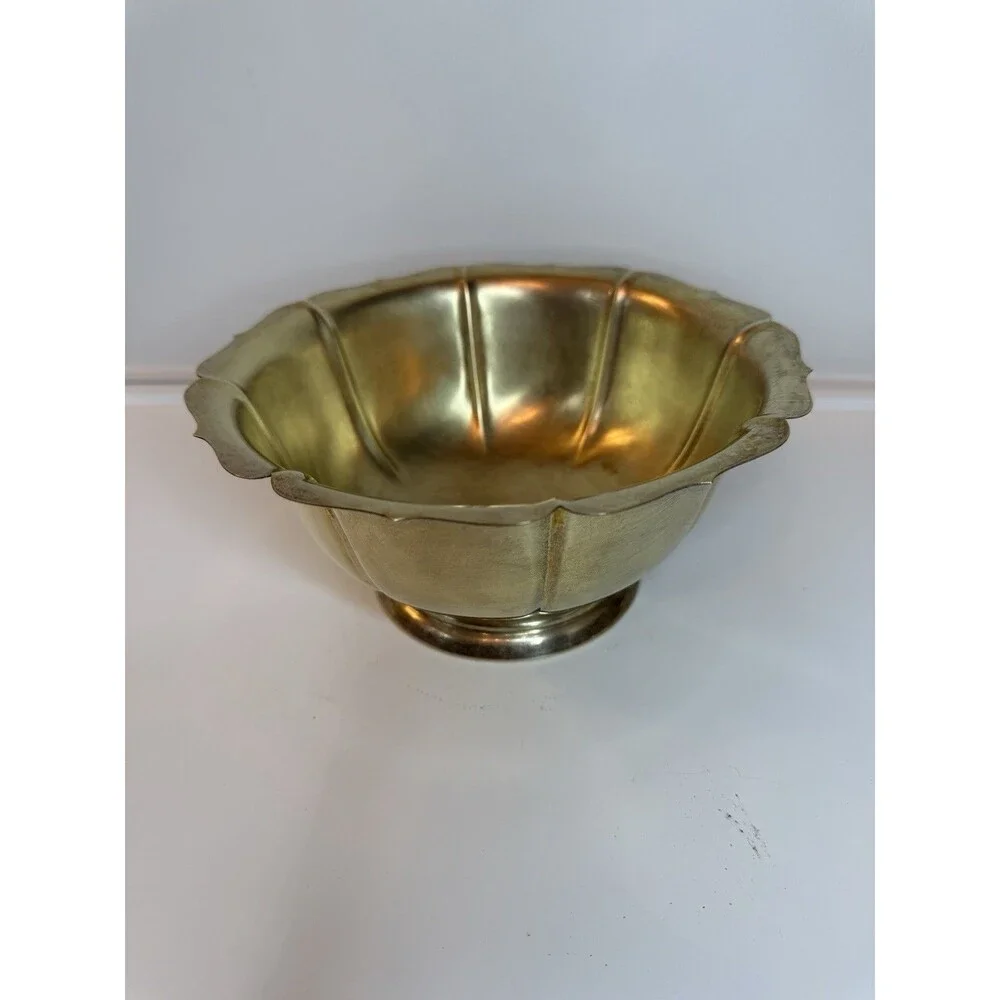 Vintage Brass Pedestal Bowl Scalloped Edge Footed Decorative Dish Chinoiserie